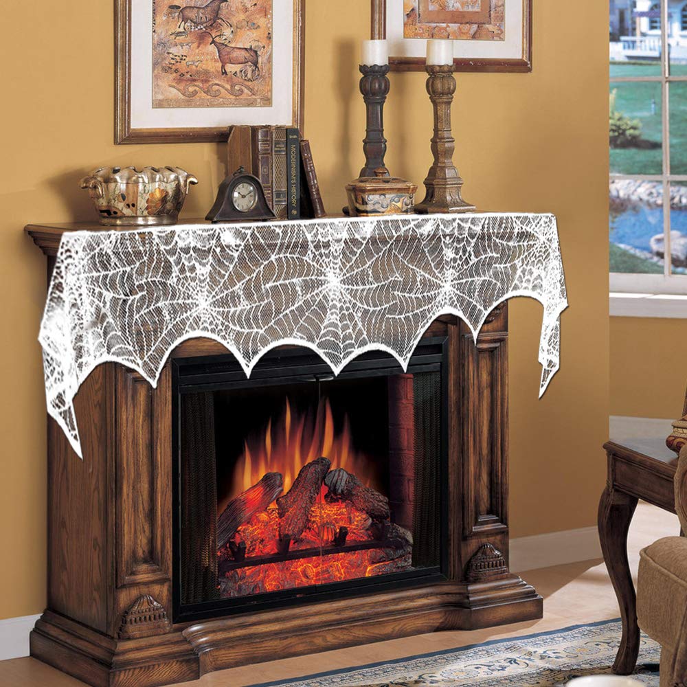 3AB Halloween Party Decorations, White Lace Spiderweb Fireplace Scarf, 2019 Fireplace Cover Festive Party Supplies, 18 x 96 inch
