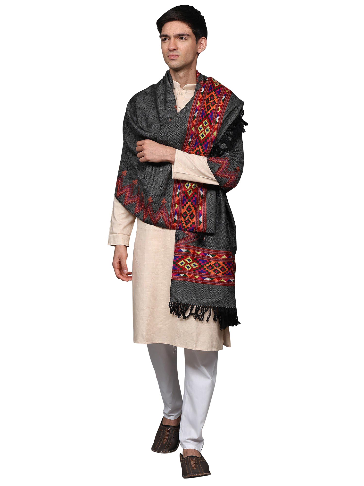 exotic india Men's Wool Stole with Multicolor Woven Kinnauri Border | Traditional Kullu Weave Designer Shawl for Men and Women-picture-35