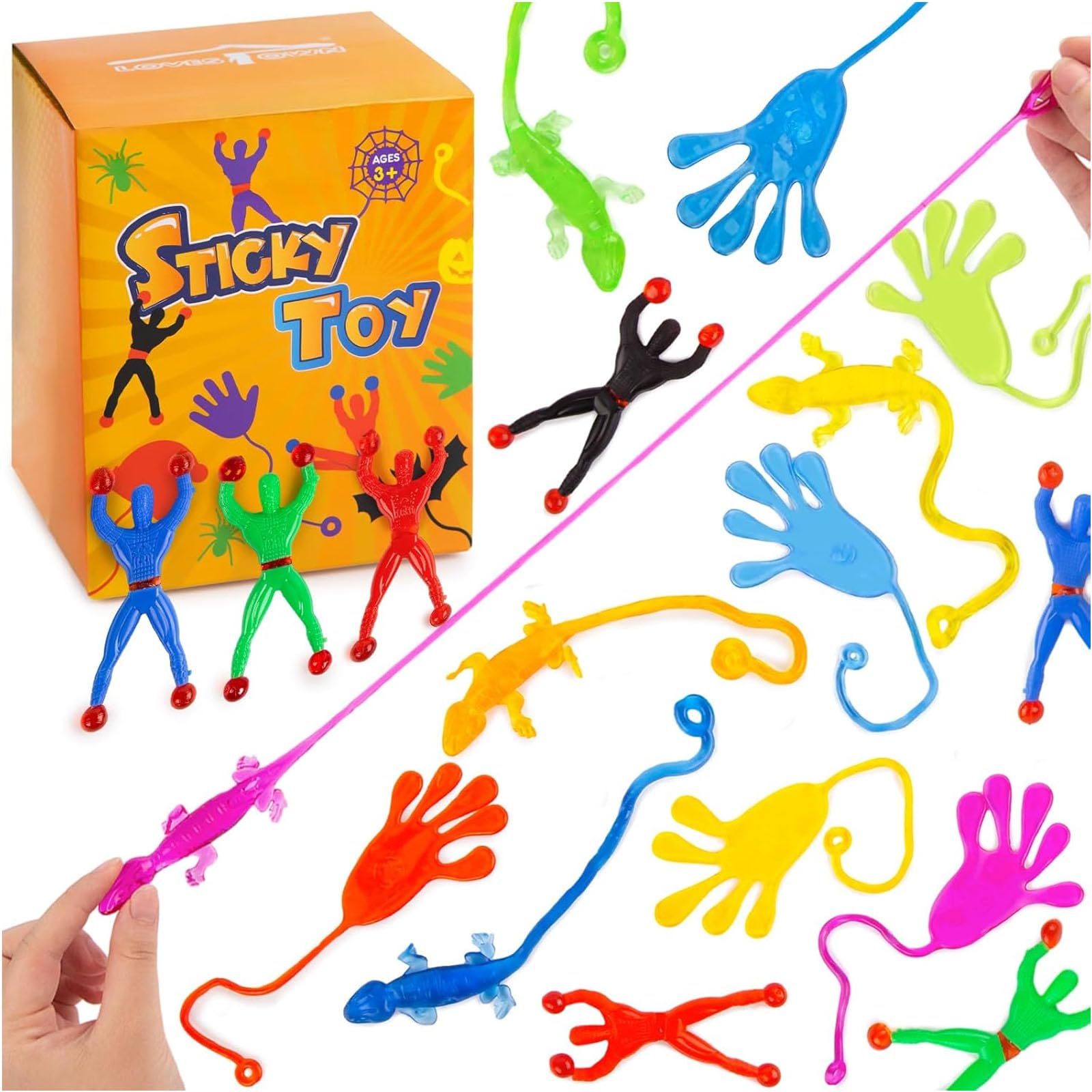 LovesTown 48PCS Party Favor for Kids, Fidget Toys Bulk with 16 Wall Climbers & 16 Sticky Hands & 16 Stretchy Lizards, Treasure Box Toys for Classroom Stocking Stuffers Goodie Bags, Classroom Prizes