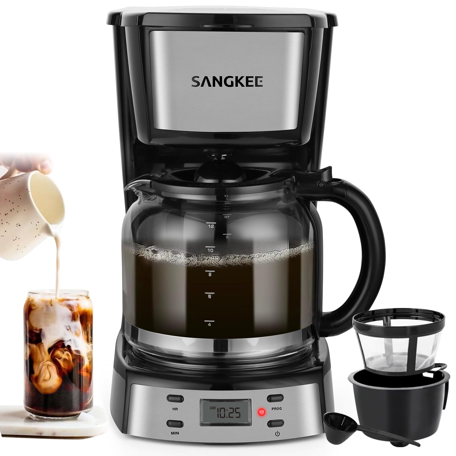 SANGKEE Cafetera Programable de Goteo 12 Tazas — Temporizador 24 Horas