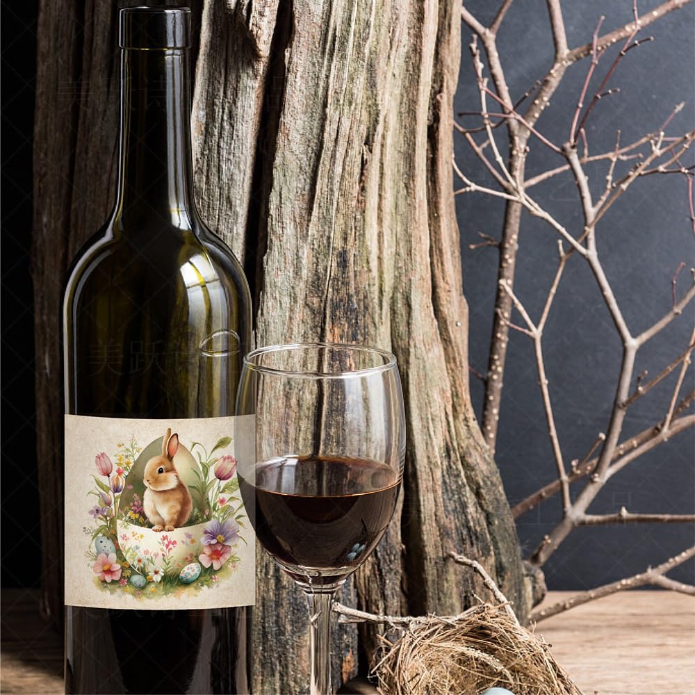 18 Easter Wine Bottle Label Stickers Self-Adhesive Beer Bottle Cover Easter Egg Chick Bunny Pattern Stickers for Beverage Bottle Easter Party Decor Supplies