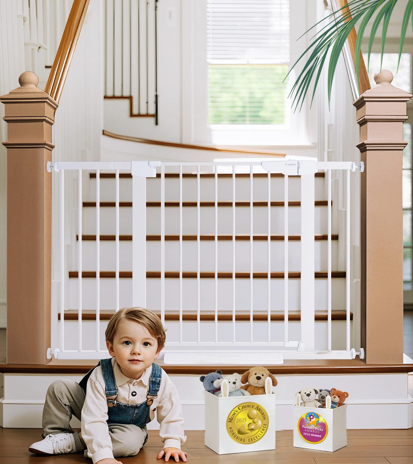 Cumbor 29.7-48\" Baby Gate for Stairs, Mom's Choice Awards Winner-Dog Gates for Doorways, Auto Close Safety Pet Gate for Dogs Indoor, Easy Install Pressure Mounted Child Gate with Walk Thru Door, Black