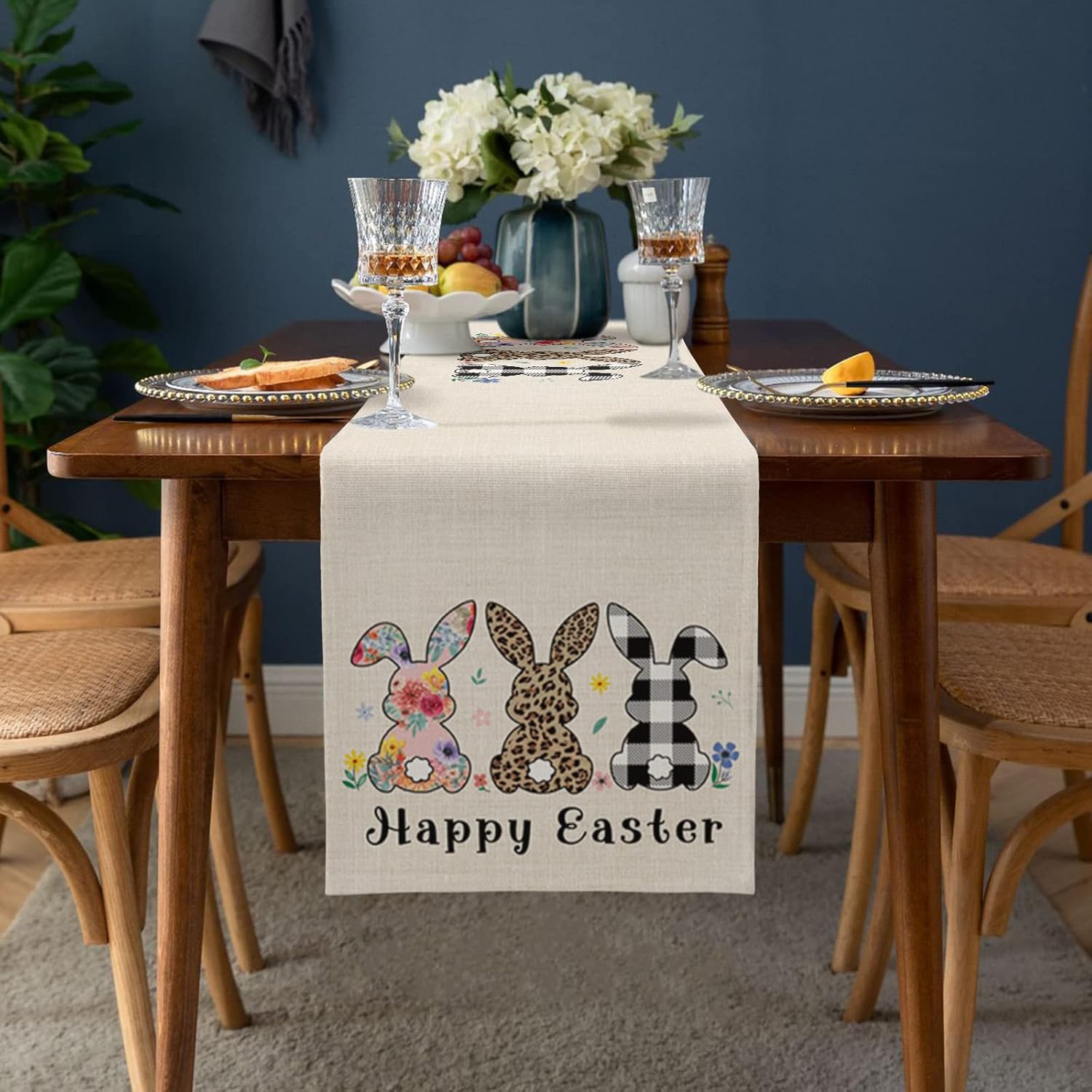 Easter Table Runners Dresser Scarves Cute Bunny Rabbit Leopard Stripe Spring Floral Decorative Runners for Easter Day Spring Dinner Table Decor Home Kitchen Dining Room Easter Party Supplies,13x120 in