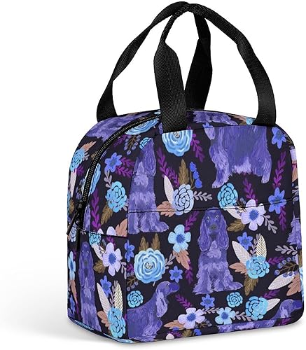 Lonchera para mujereshombres, Cocker Spaniel con diseño de flores, organizador de aperitivos para picnic, playa, trabajo, resistente a la humedad,