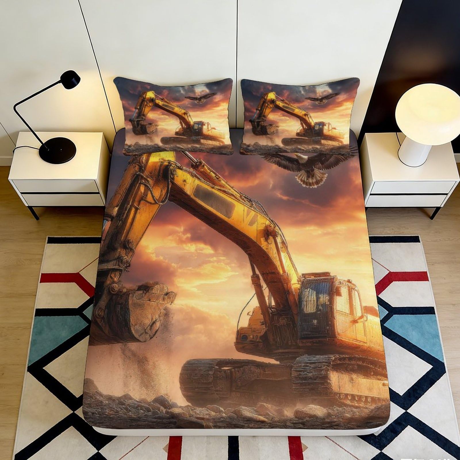 3D Printed Excavator Fitted Sheet Microfiber Durable Soft Construction Vehicle Bed Cover for Bedroom Dormitory Guest Room Mattress Protection 160x200x25cm