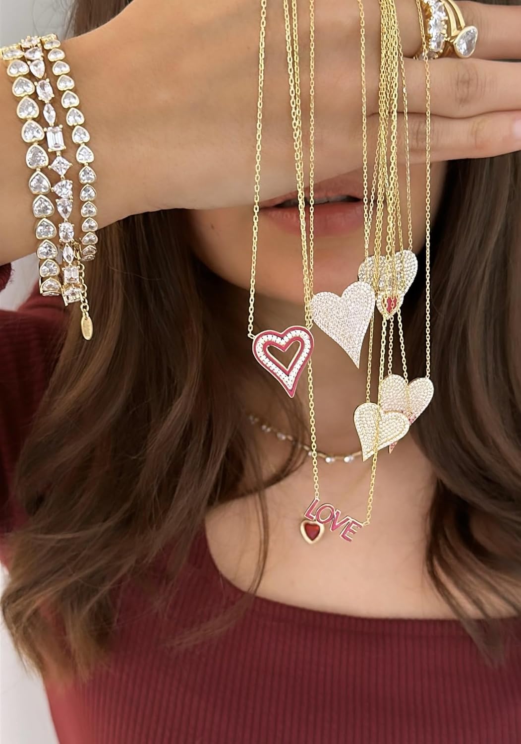 SHYMI Bezel-Set Heart Tennis Bracelet for Women - Sterling Silver .925 with 14k Gold Plated Finish, 6mm Heart-Shaped Stones, Hypoallergenic, Shiny Finish, 6" with 2" Extender