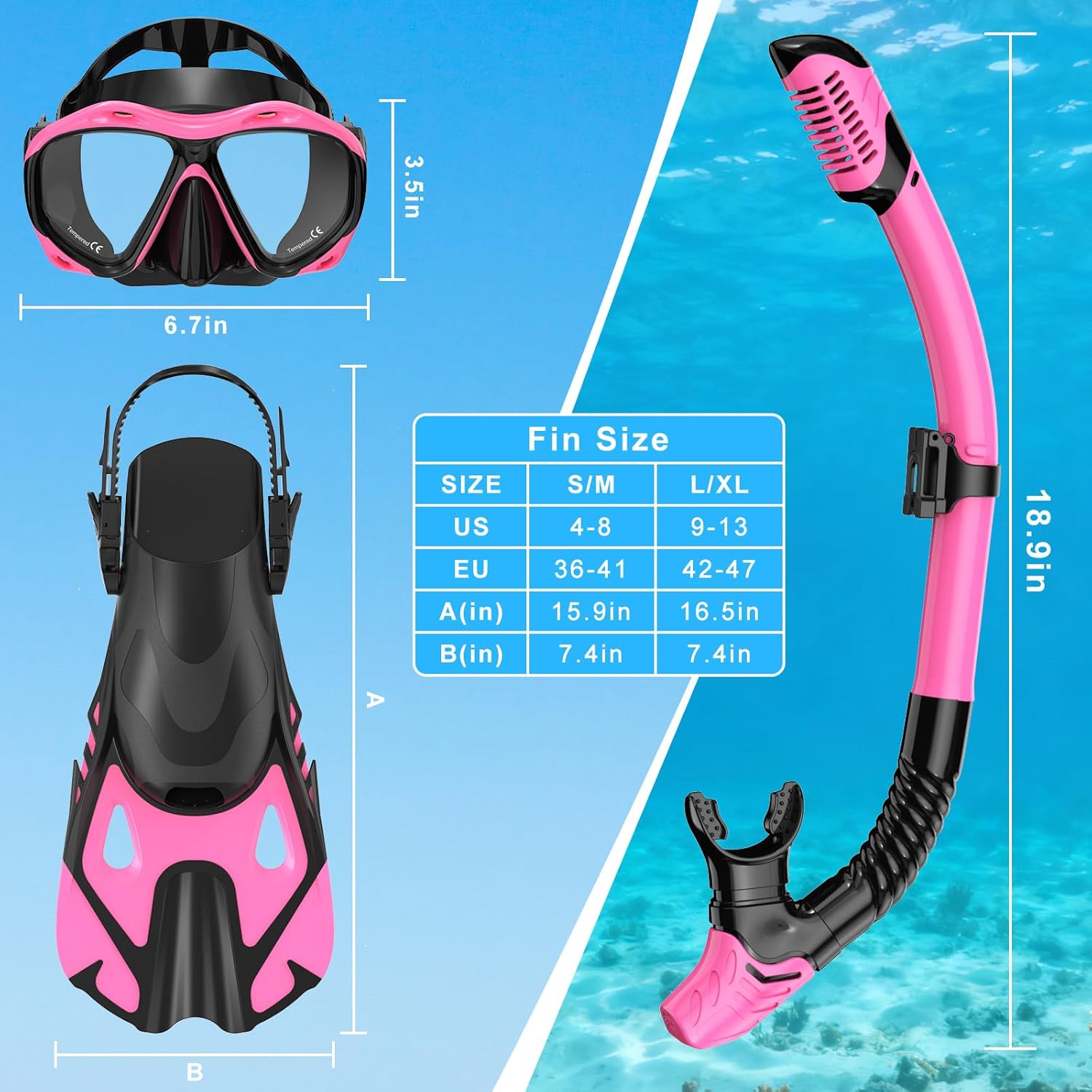 Snorkeling Gear for Adults, Mask Fin Snorkel Set, Dry Top Snorkel Mask, Panoramic View Anti-Leak Anti-Fog 3 in 1 Snorkeling Kit Travel Diving Package with Storage Bag - Image 5