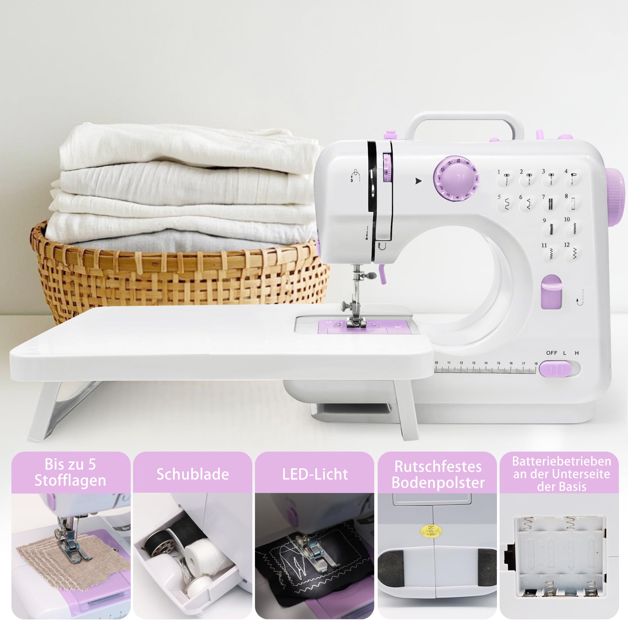 Nähmaschine mit Anschiebetisch, Mini-Nähmaschine, tragbare elektrische Nähmaschine, 12-Stiche-Nähmaschine mit LED-Licht, Nähzubehör-Set, ideal für Kleidung, Kissenbezüge, Bettlaken