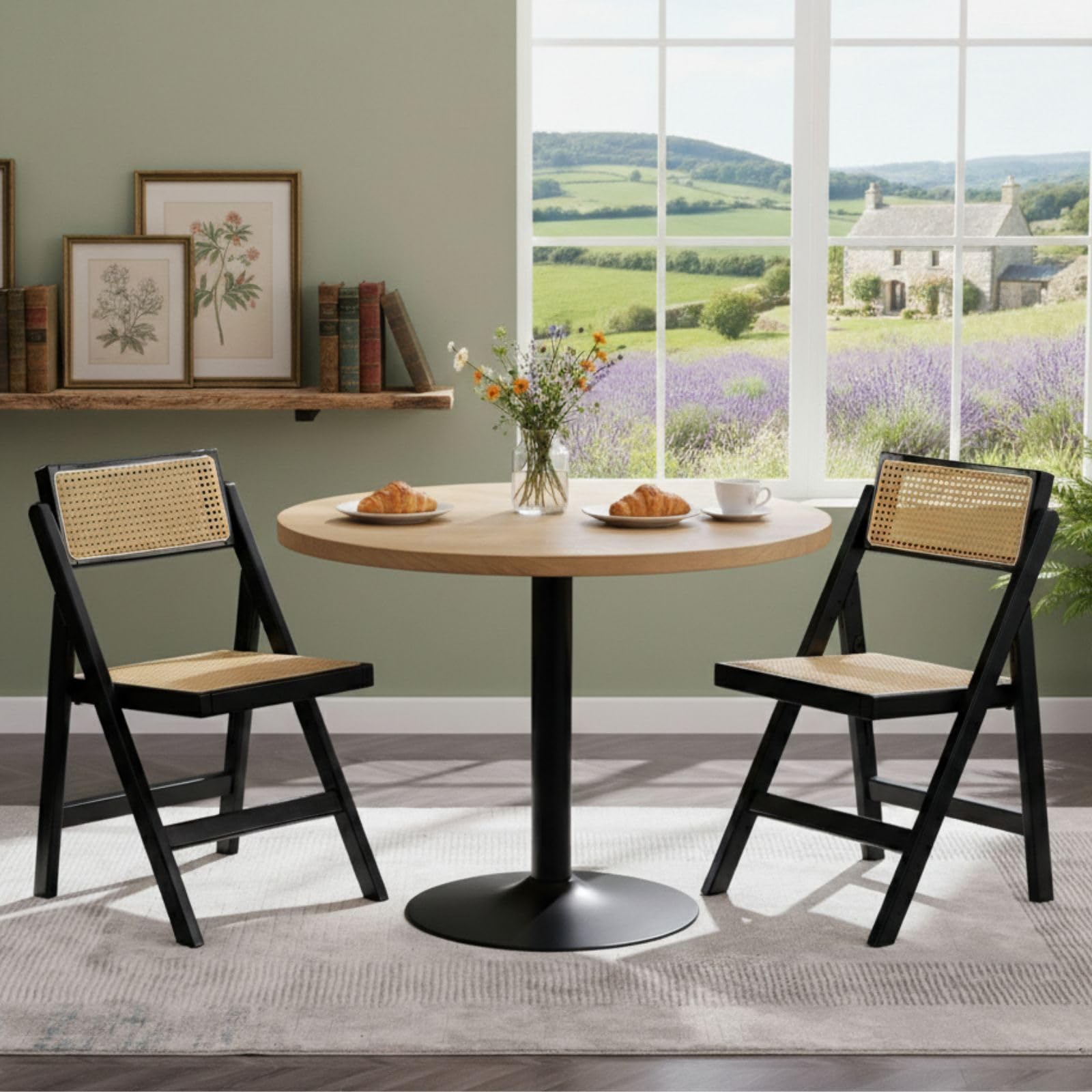 chairus Folding Dining Chairs Rattan Set of 2 Mid Century Kitchen Chairs Armless Side Chair with Wooden Frame (Black-2)