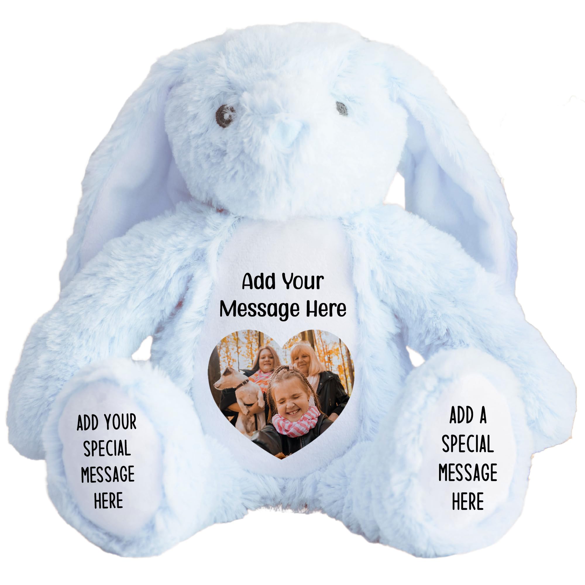 Personalised Photo Teddy Bear – Add Photo on Front & Text on Feet | 28 Styles | Custom Keepsake Gift for Baby, Sympathy, Birthday & More (Blue Bunny Teddy Bear)