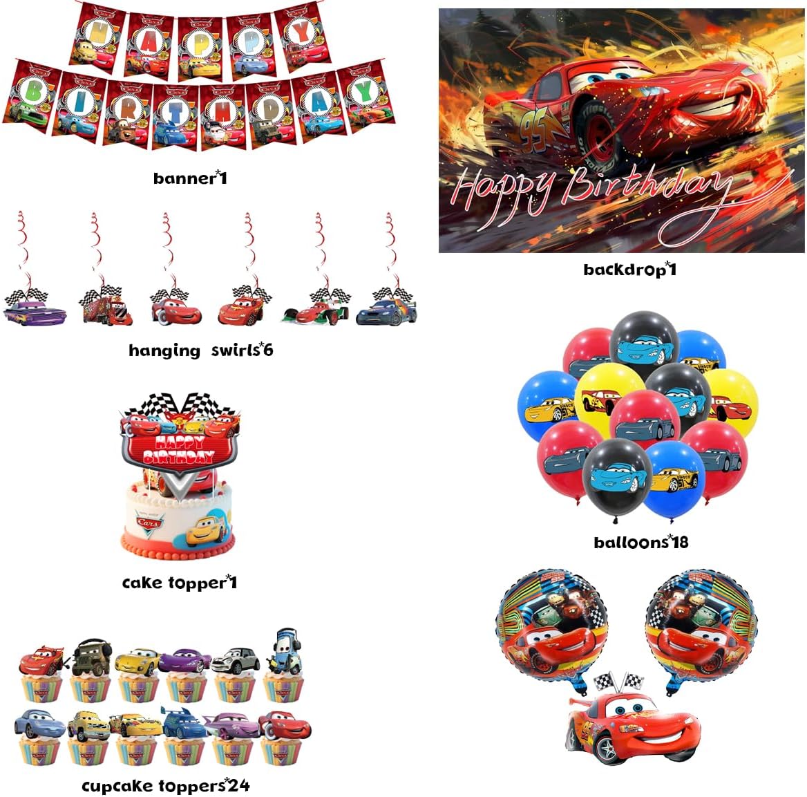 cars party decorations,party suppiles Inclusioning cake toppers, spiral hangings, dinner plates, tablecloths,stickers,