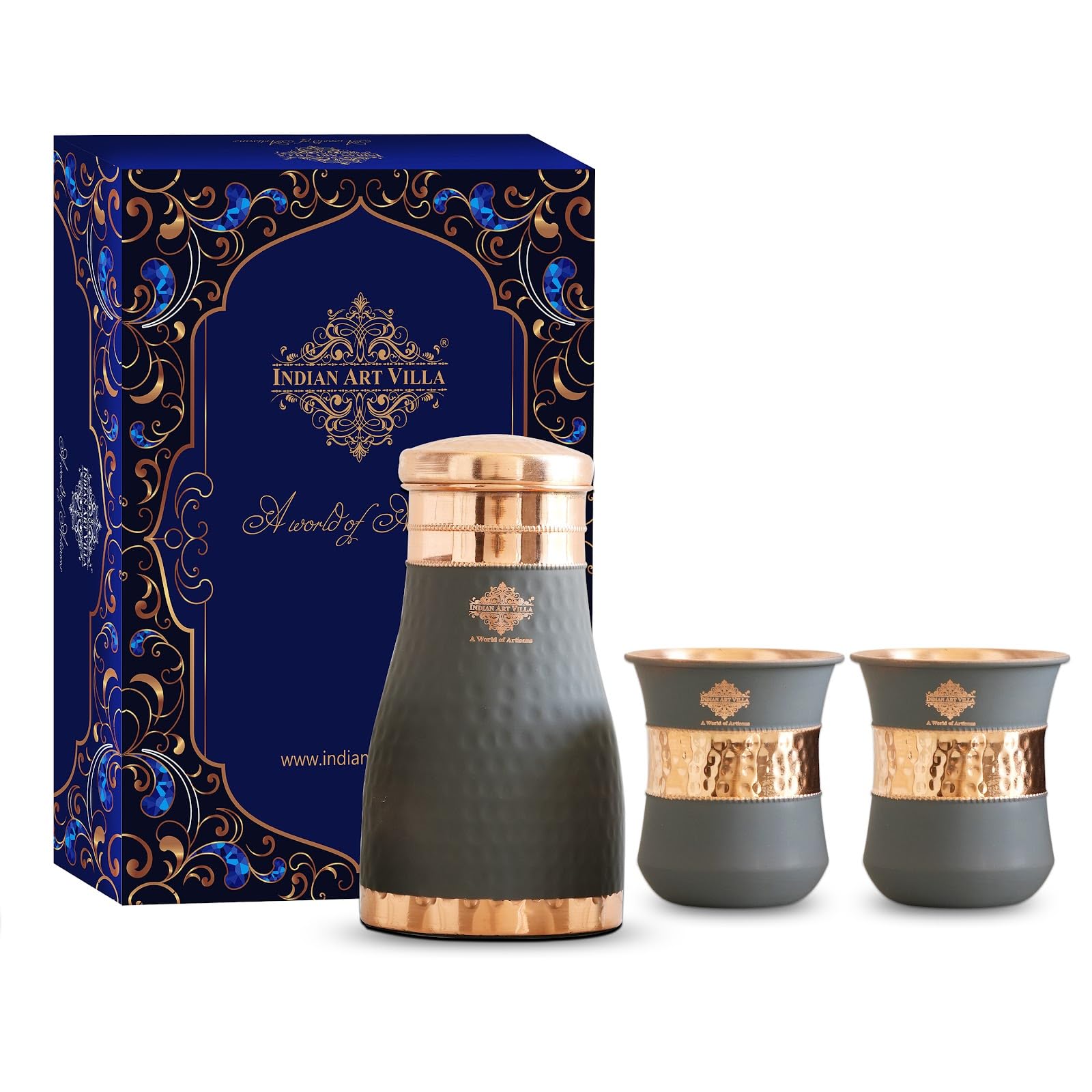 Indian Art Villa Pure Copper Bedroom Bottle with Copper Glass - Grey Silk Finished Drinkware Gift Set Ideal