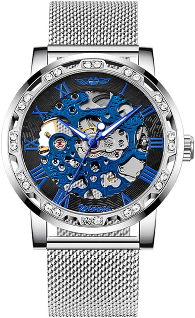 MASTOP Fashion Business Mens Watch Luxury Hollow Dial Rhinestones Ultra-Thin Steel Mesh Belt Mechanical Watches