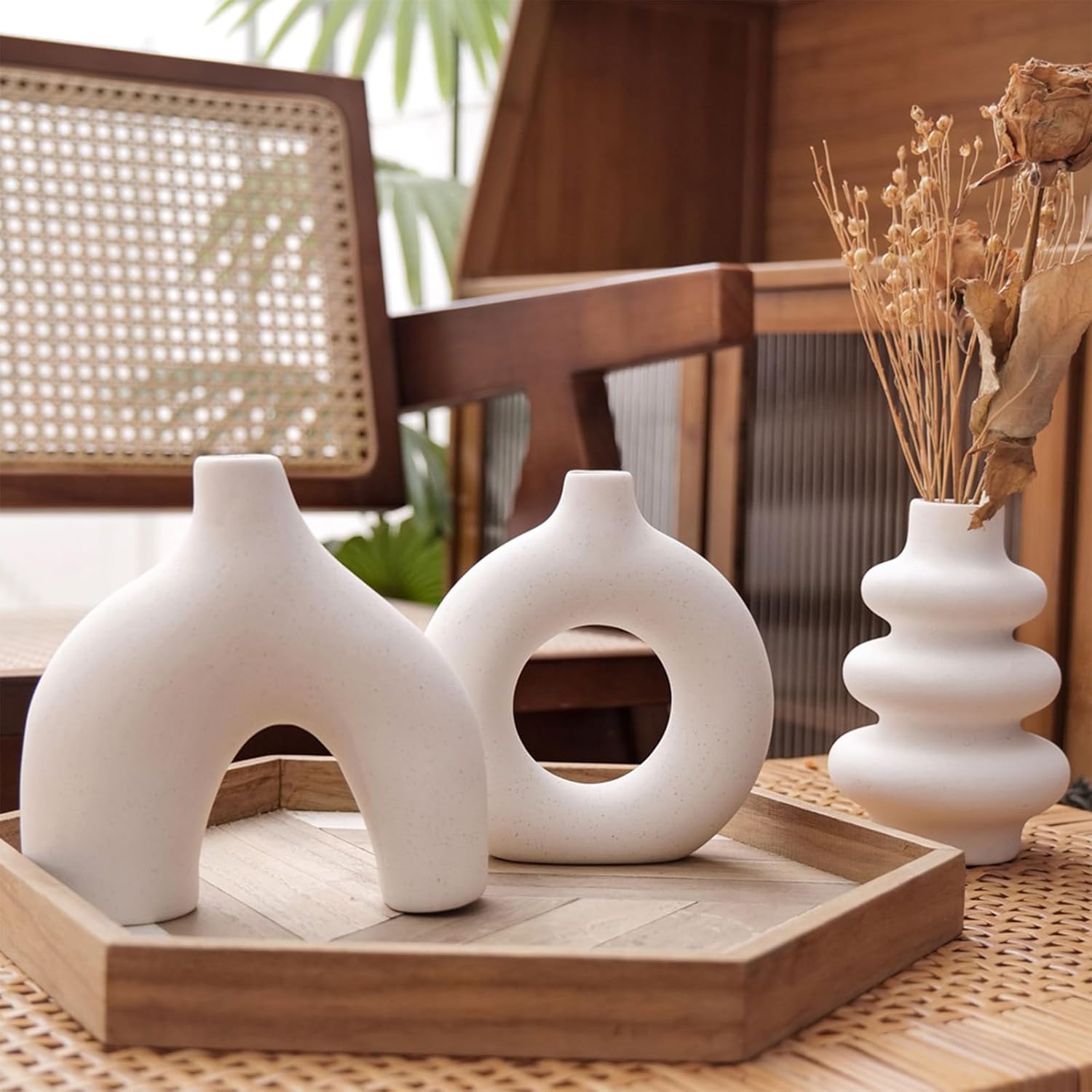 White Ceramic Vase Set of 3, Modern Boho Round Vases for Home Decor, Small Vases for Pampas Grass, Centerpieces