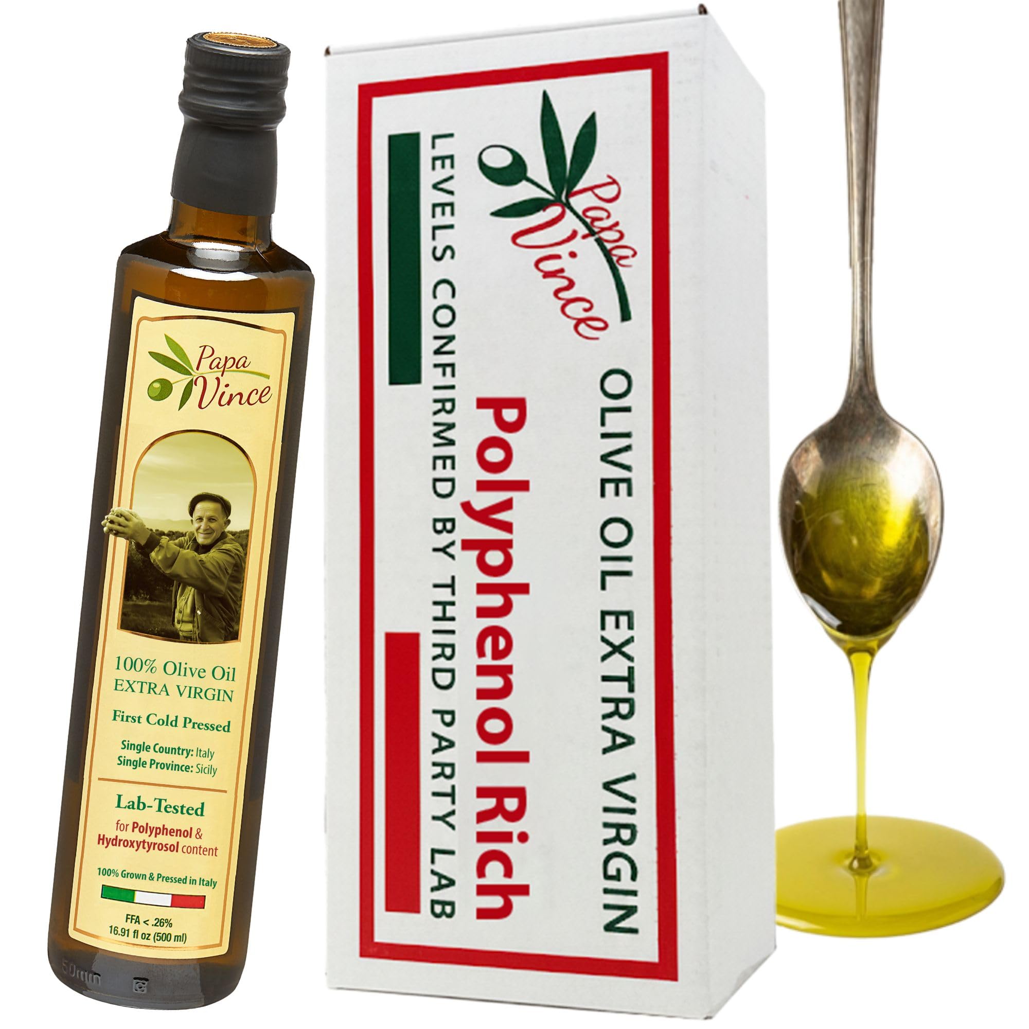Papa Vince Olive Oil Extra Virgin - First Cold Press Family Harvest 2024/25, Polyphenol Rich, Subtle Peppery Finish, Unrefined, High in Monounsaturated Fat, No Pesticides, No GMO, Sicily, Italy