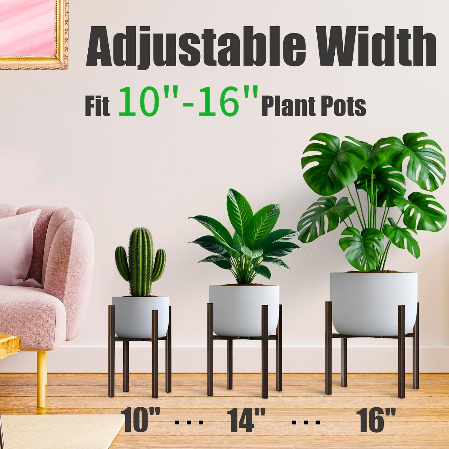 JUSTHERE Adjustable Plant Stand Indoor for 10"-16" Plant Pot, Modern Flower Stand Indoor Plant Stand, Adjustable Metal Heavy Duty Plant Holder for Large Pot (Pot & Plant Not Included), Black, 1 Pack