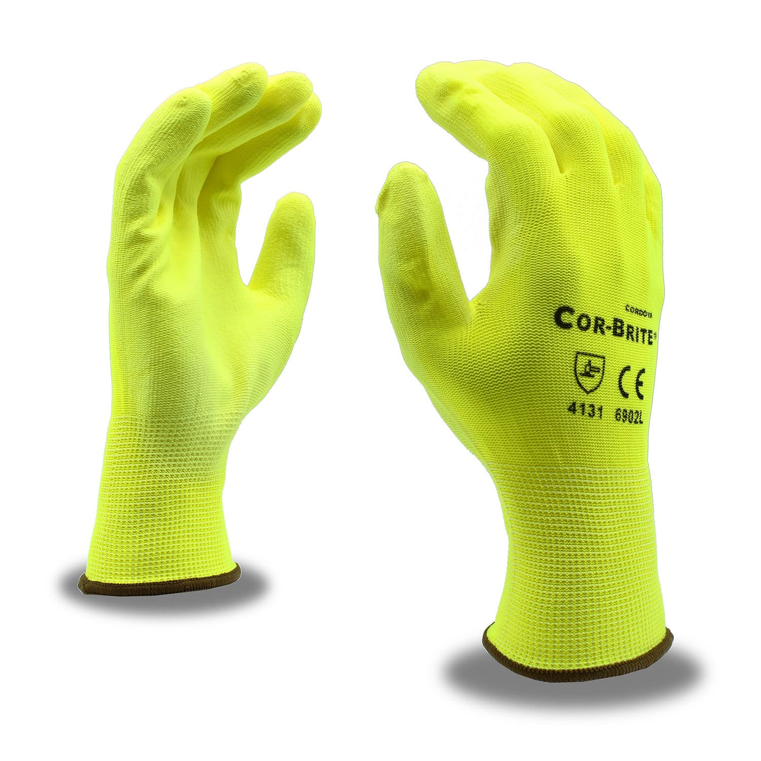 Cordova 6902L Cor-Brite 13-Gauge Gloves, Hi-Vis Yellow Polyester Shell, Hi-Vis Yellow Polyurethane Palm Coating, Large, 12-Pack