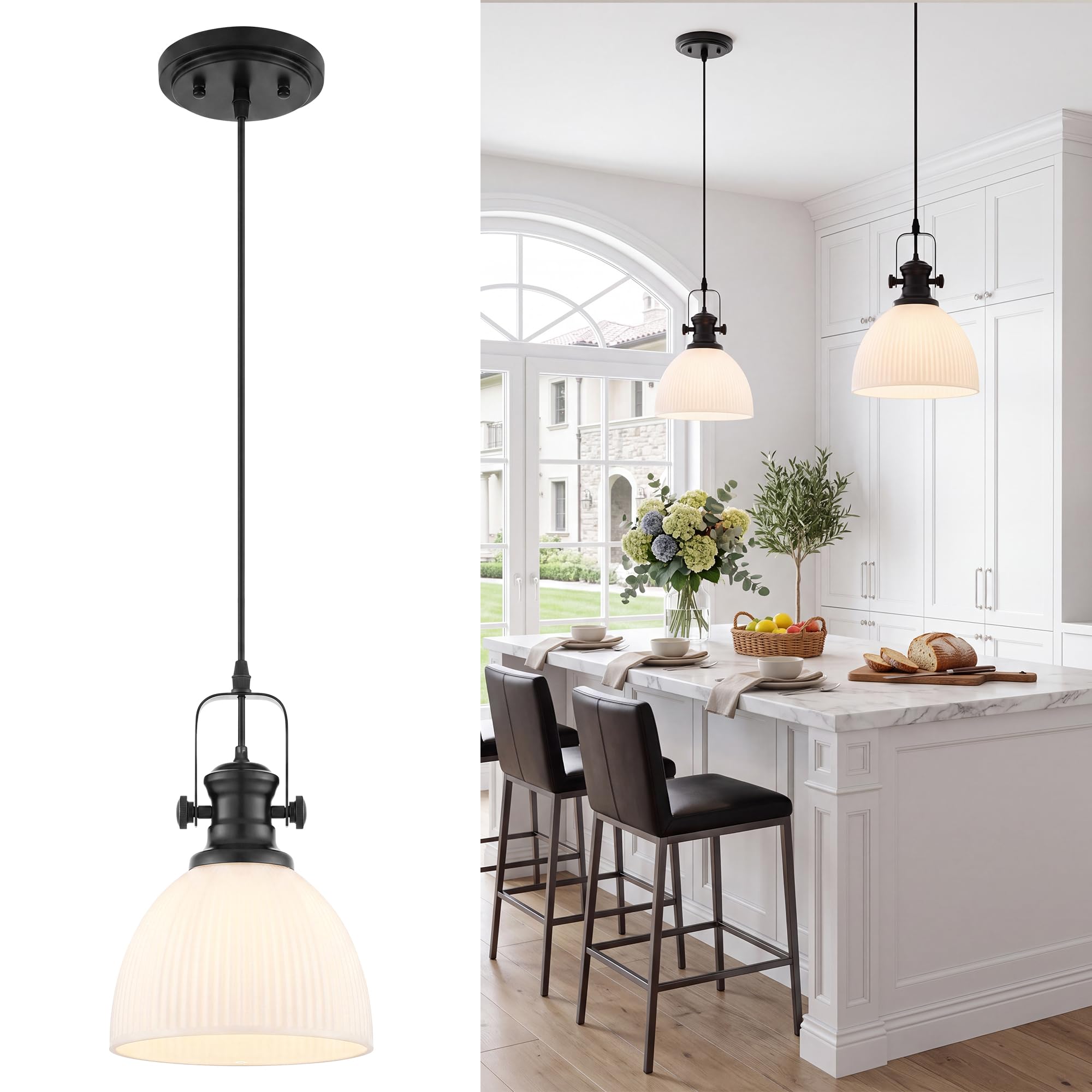 Black Pendant Lights Kitchen Island, 7.5" White Ribbed Glass Shade