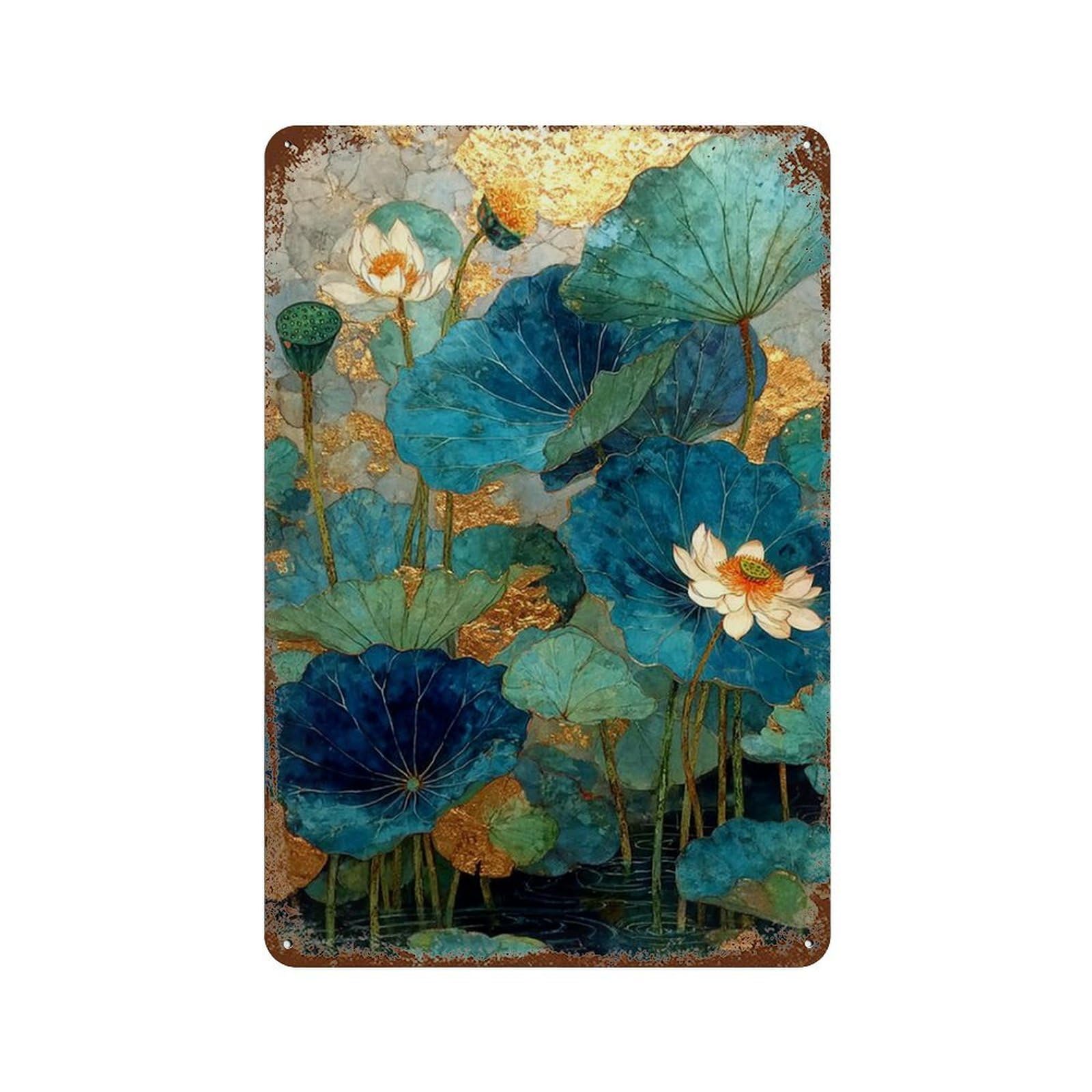 Lotus Pond Art Print 11.8"x7.9" Distressed Metal Wall Sign, Retro Wall Decor for Garage, Bar And Workshop Decor