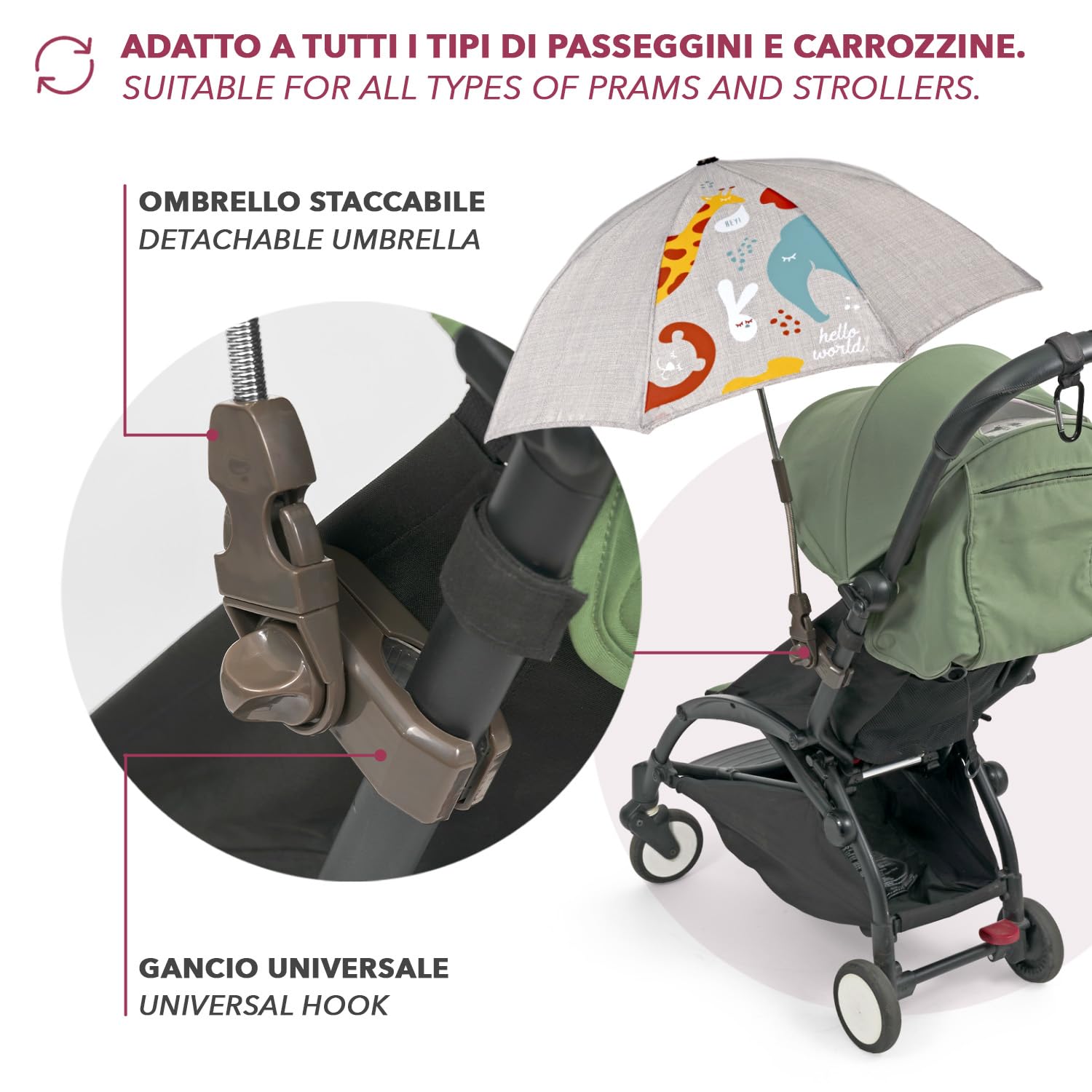 PERLETTI Uniwersalna Parasolka Przeciwsłoneczna do Wózka Anti-UV 50+ - Parasol Słońce Deszcz dla Niemowląt Dzieci ze Zwierzętami - Mini Parasolka Ręczna do Wózka Dziecięcego - Średnica 70 cm (Beżowy)