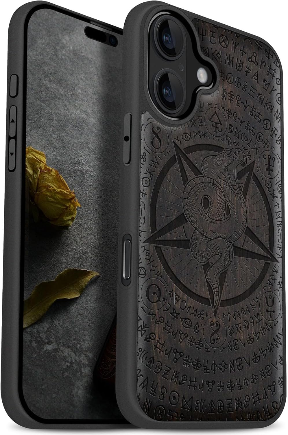 Carveit Magnetic Wooden Case for iPhone 17 Case, Wood Artisan Engraved & Black Soft TPU Shockproof Cover, Compatible with MagSafe Wireless Chargers (Viper Pentagram Design) Blackwood