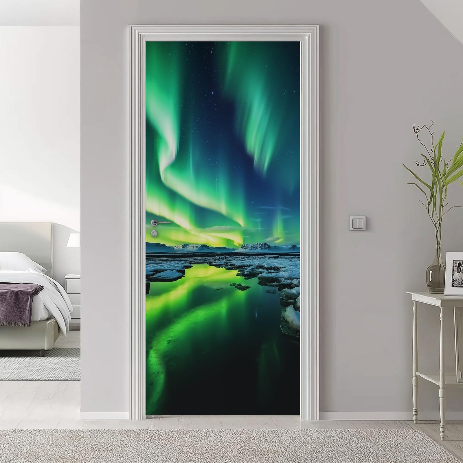 Natura, krajobraz 3D, mural na drzwi, samoprzylepny, zorza polarna, Islandia, sztuka, usuwalne murale, naklejki na drzwi, turkusowe naklejki z PCW, do sypialni, łazienki, biura, 95 x 215 cm, zestaw 2