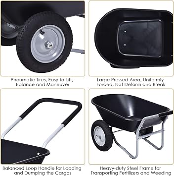 COSTWAY 2-Wheeled Wheelbarrow, Heavy Duty Garden Cart with 33cm Pneumatic Tires and Handle, Home Yard Dolly Utility Carts Hold up to 150KG (Black)