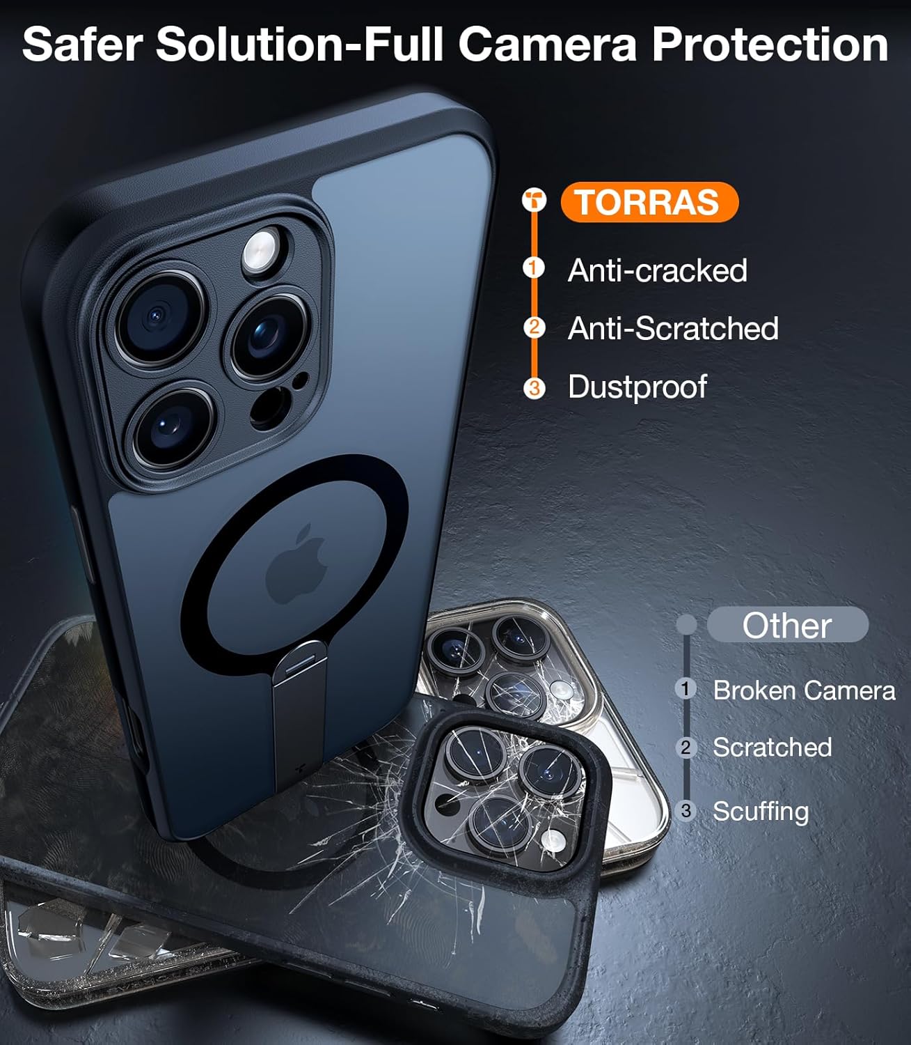 TORRAS Upgraded 360 Rotable Stand Magnetic Shockproof for iPhone 16 Pro Case with Full Camera Protection, Fit for MagSafe, 16FT Mil-Grade Shockproof Slim Phone Case for iPhone 16 Pro 6.3", Black