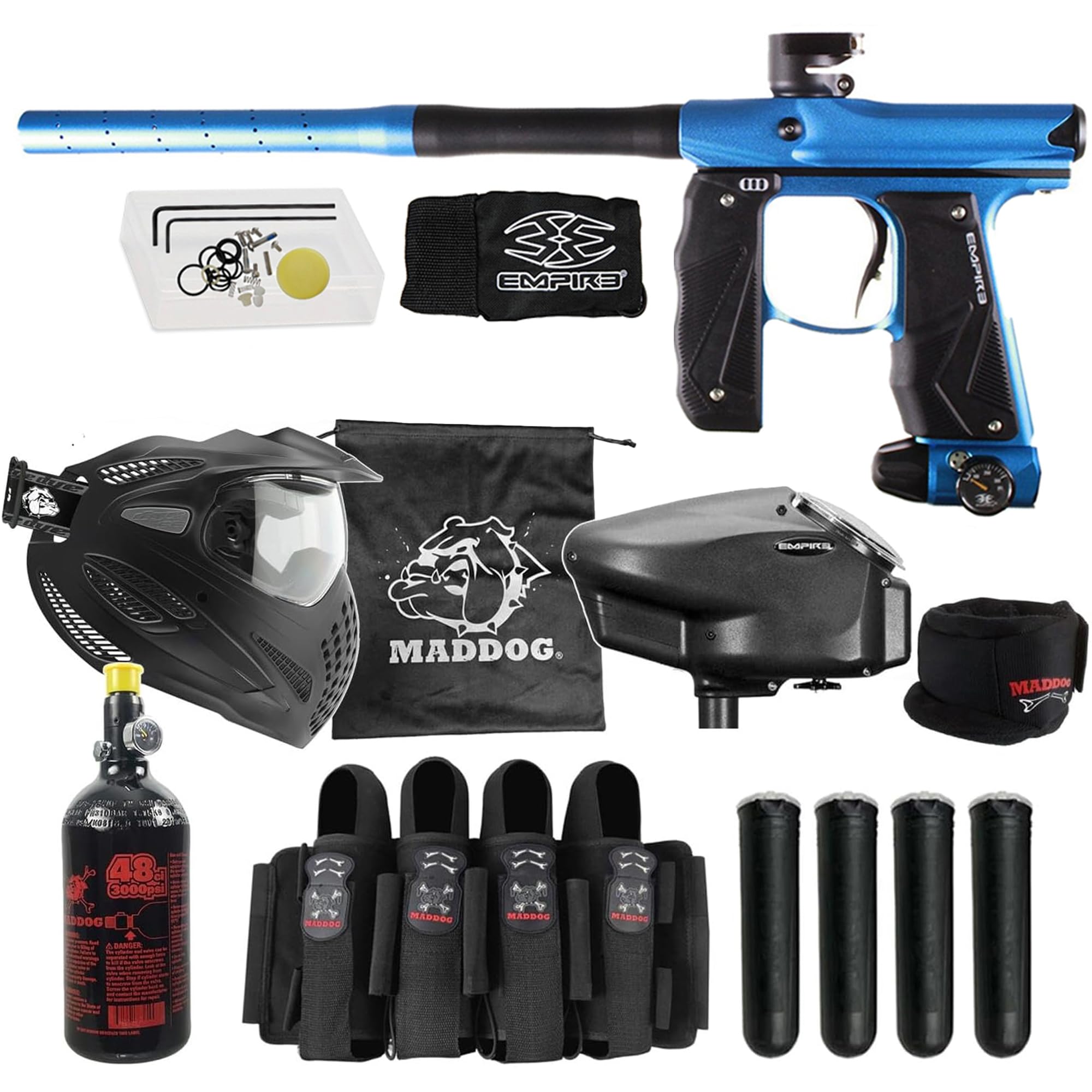 Maddog Empire Mini GS Full Auto Paintball Gun Marker w/HPA Tank, Empire Halo Too Loader, Thermal Anti-Fog Paintball Mask Goggle, Neck Protector, 4+3 Harness & (4) Pods Starter Package