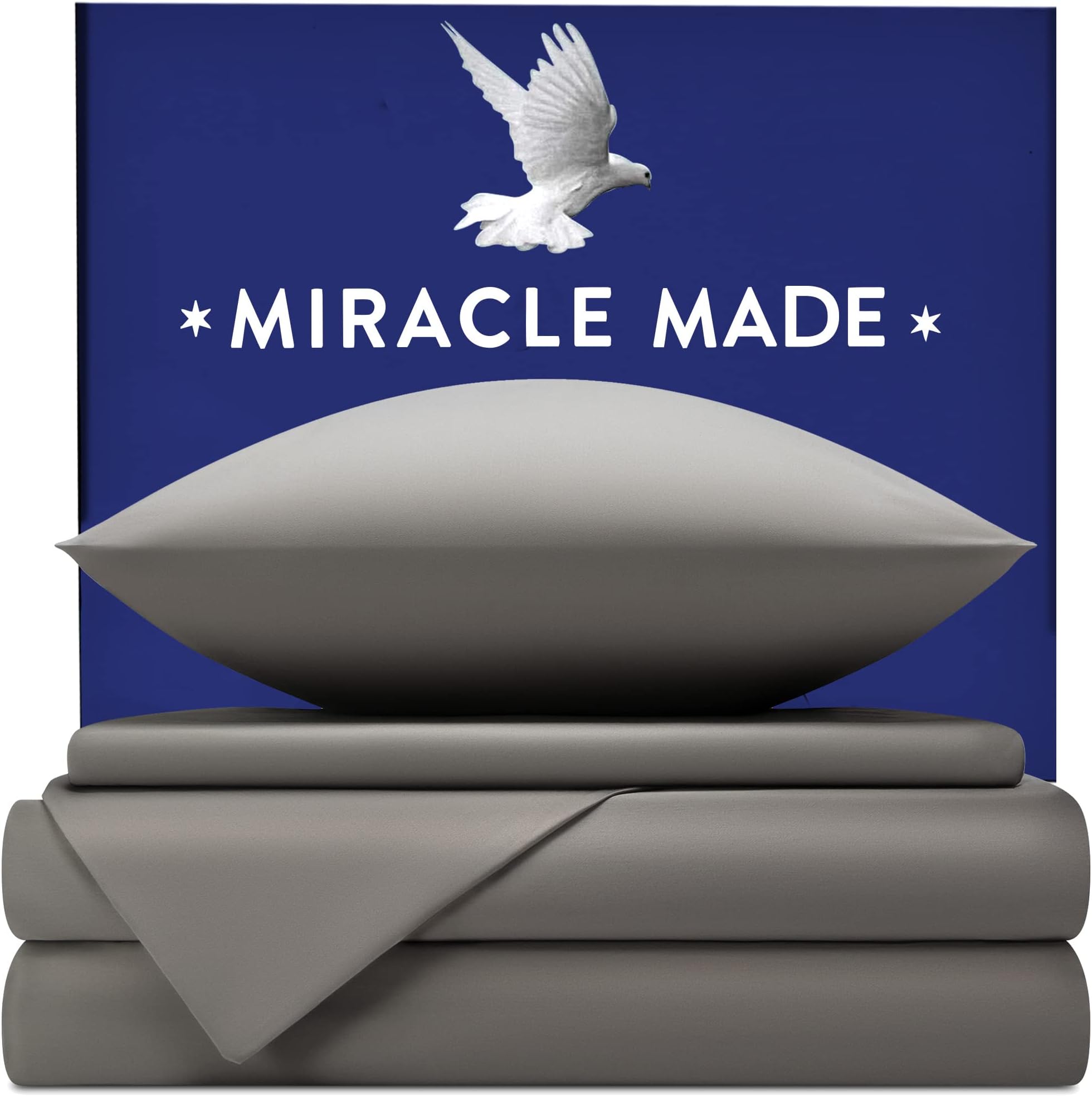 Miracle Made® Luxe Thermoregulating Bed Sheets –Stone, King– 4 Piece Linen Silver Infused, 300-Thread-Count Miracle Clean & Cool ™ Eucalyptus Lyocell Fabric for Sensitive Skin Ultra-Breathable