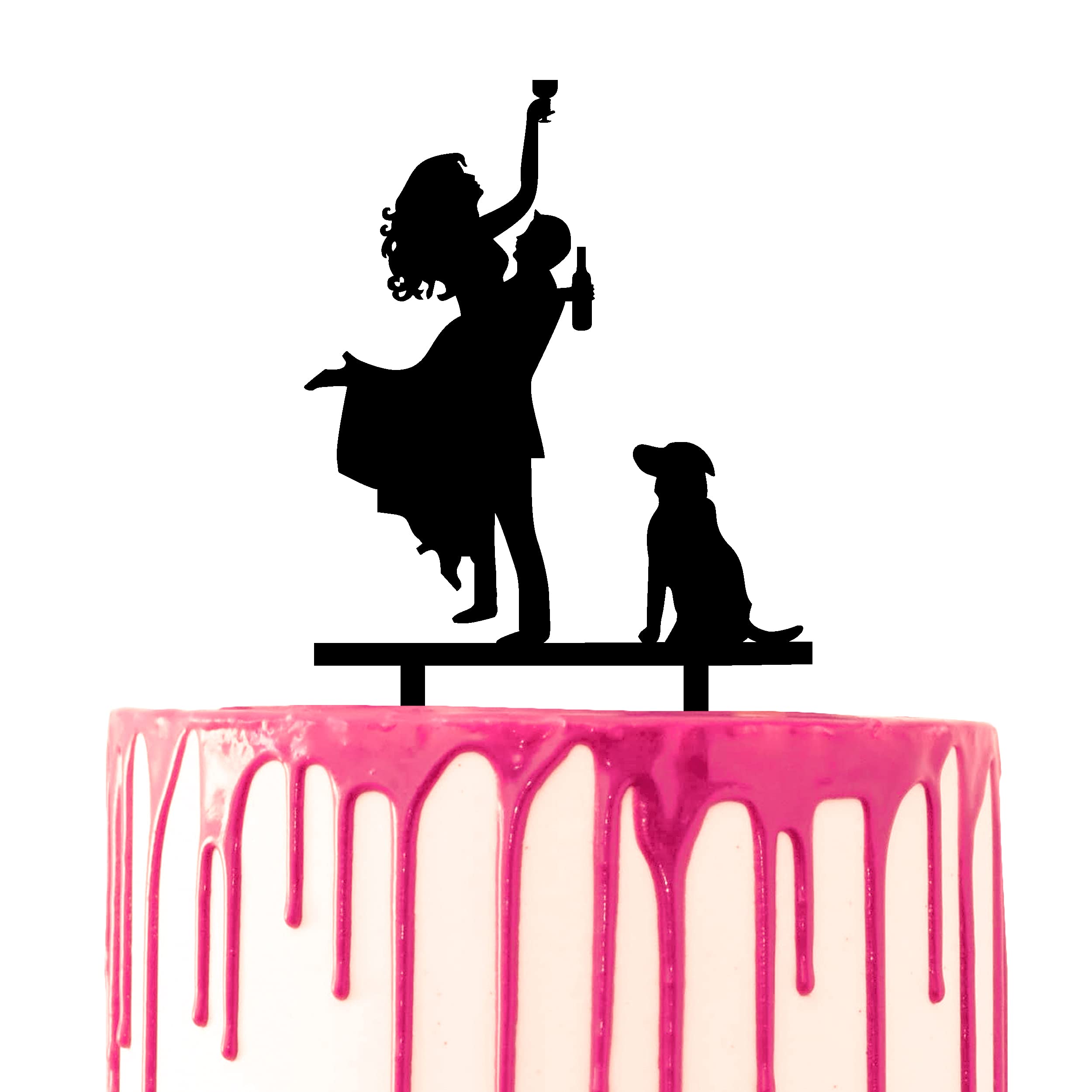 CARISPIBET Decoración para tartas, el novio recoge a la novia sosteniendo la bebida con el perro a su lado silueta acrílica