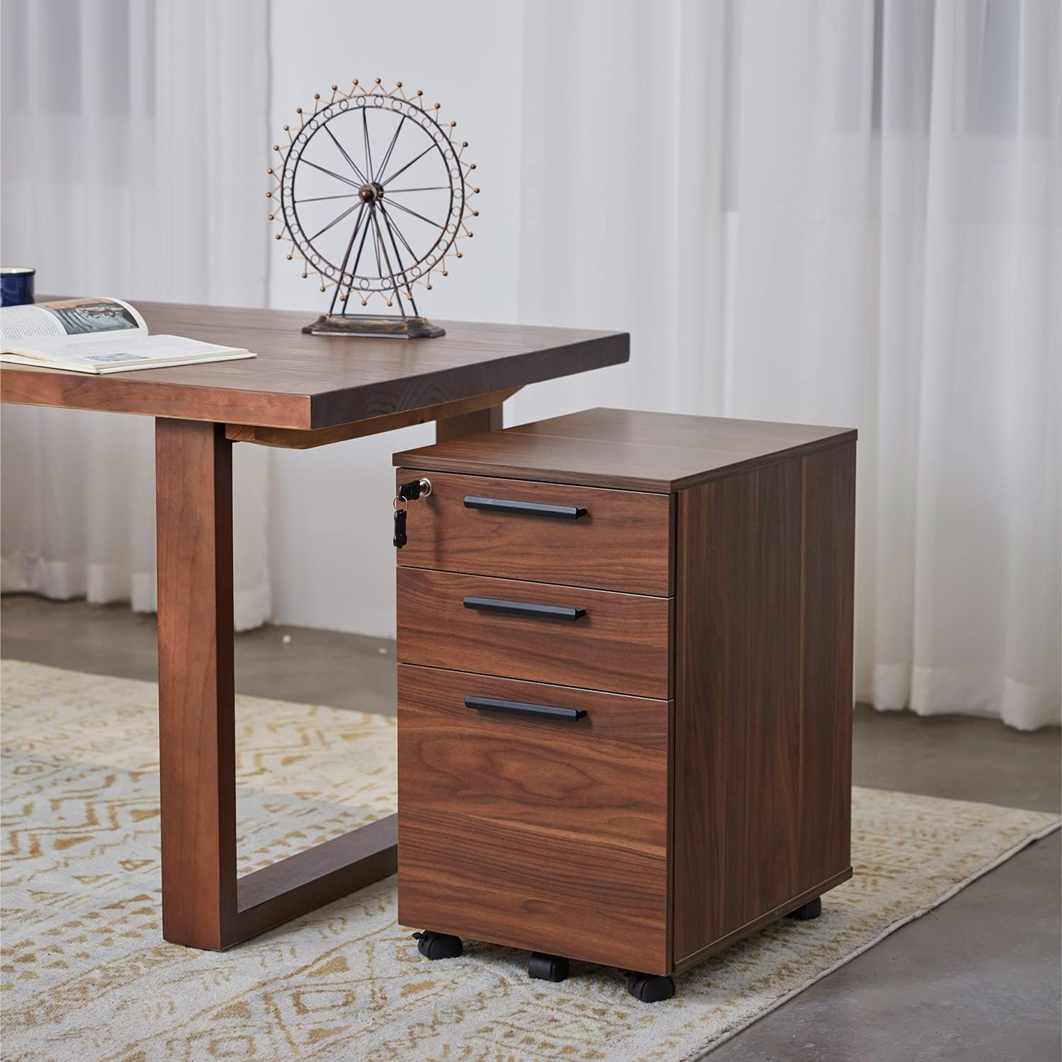3 Drawer Mobile File Cabinet with Lock Under Desk Wood Pedestal Filing Storage Fully Assembled Except Casters for Home Office, Walnut : Office Products