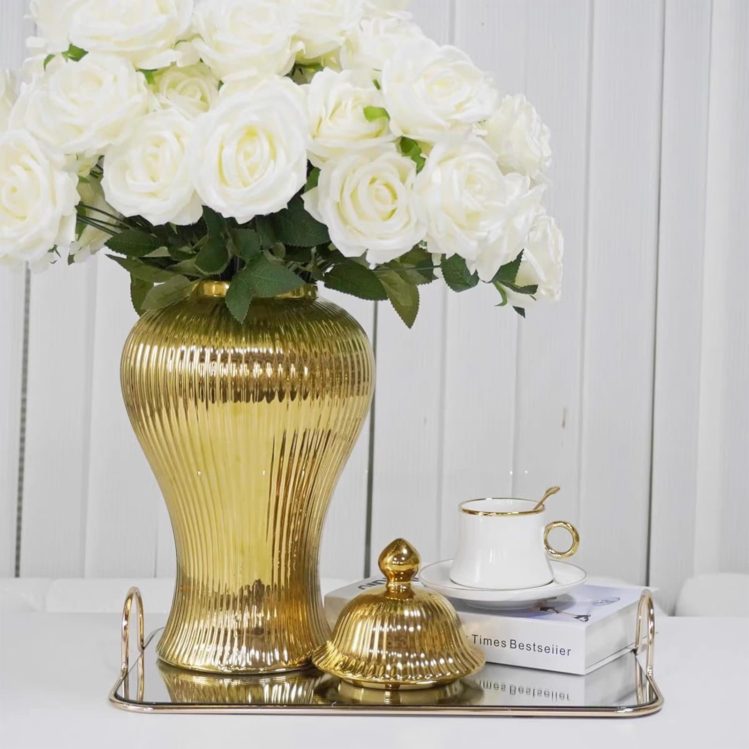 ginger jars for home decor: 16.5 inch ceramic ginger jar vase gold with lid for weddings, home, office, table, modern living room gold-16.5in