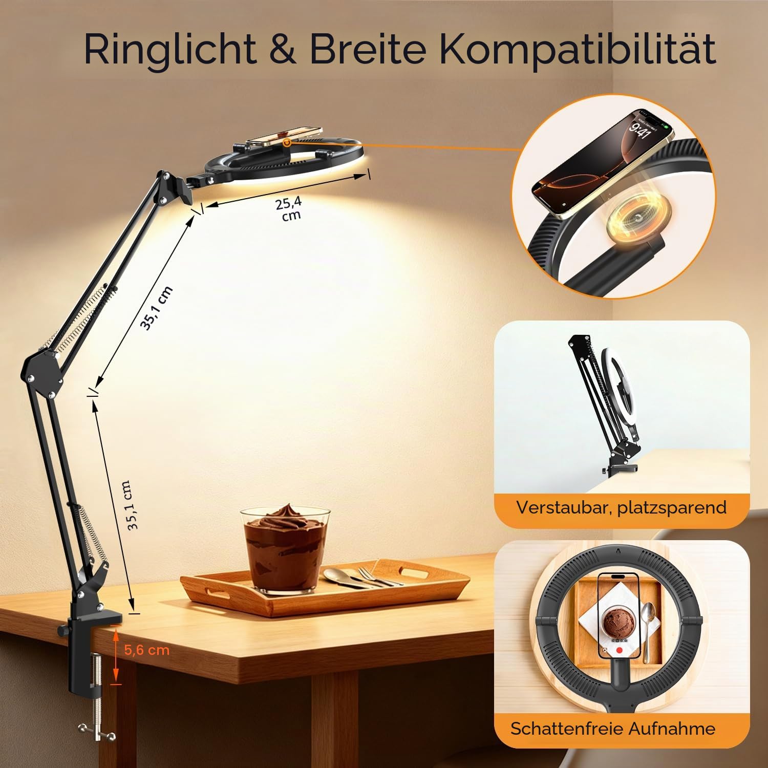 Magnetischen Overhead Stativ Handy mit Ringlicht, 10” LED Stativ für Smartphone mit Ring Light, 5000 mAh, 3 Lichtfarben&10 Helligkeiten 360° Drehbar, für Videoaufnahmen, Content Creator Equipment