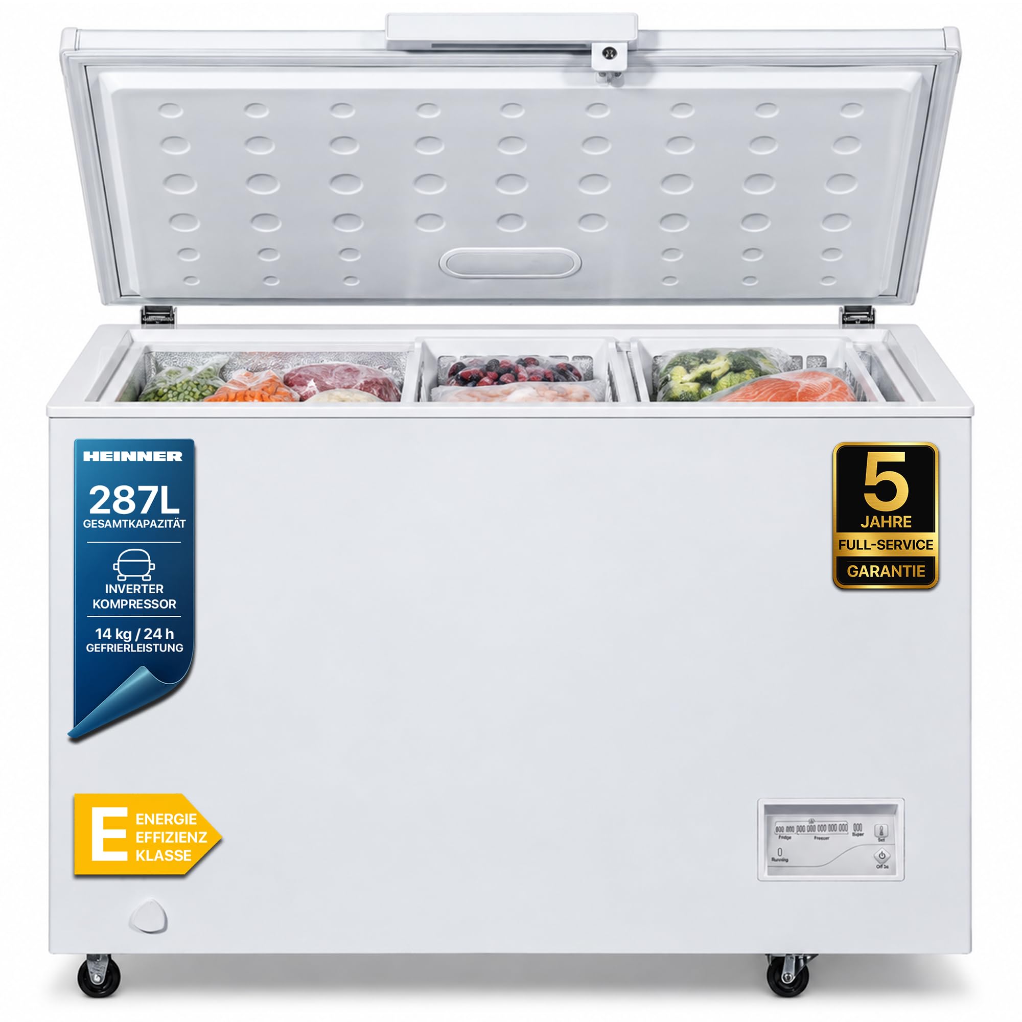 HCF-287CNHE++ Gefrierschrank – 287 L Nutzvolumen, Energieeffizienzklasse E, Statisches Kühlsystem, LED-Innenbeleuchtung, Mehrere Gefrierschubladen, Reversible, Weißes, – 5 Jahre Garantie
