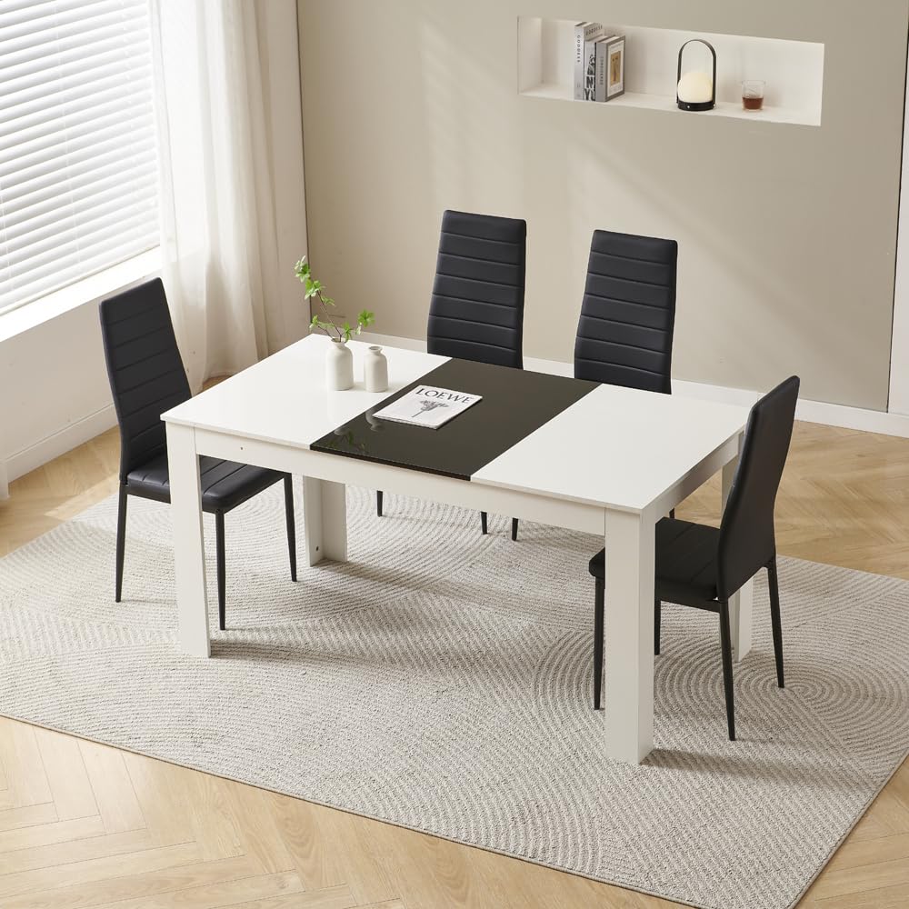 Rainbow Tree 150cm Large Dining Table Set of 4, Modern Dining Table with 4 Black Leather Dining Chairs for Dining Room, Kitchen Set for Family Wooden