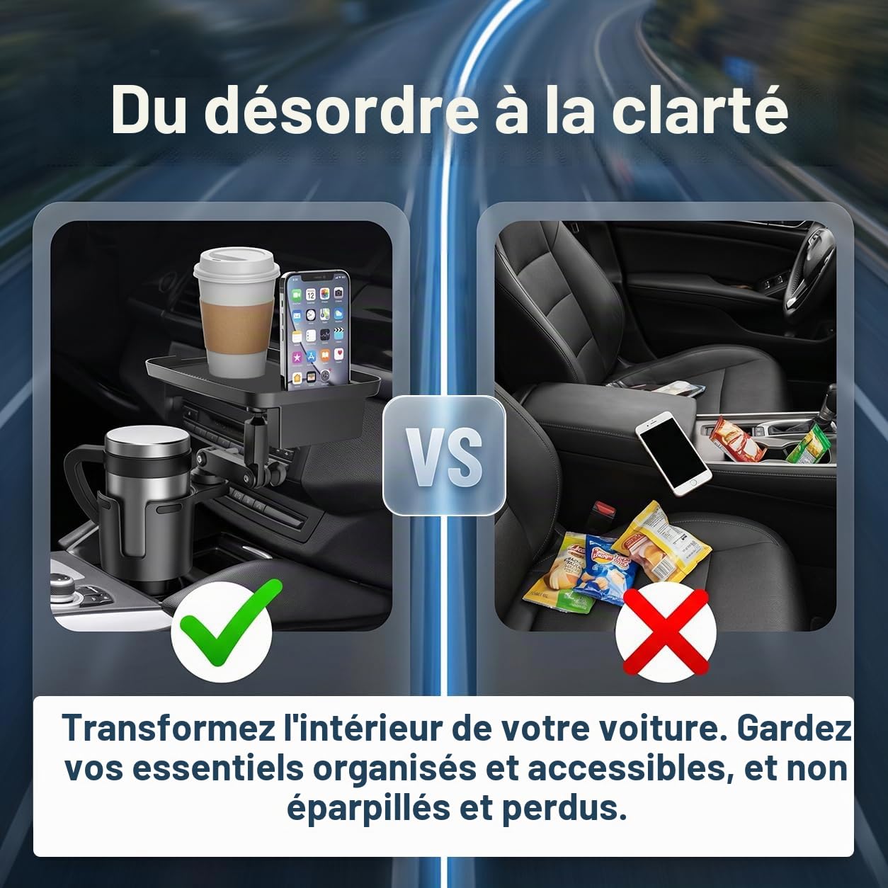 Plateau d'Extension de Porte-Gobelet pour Voiture | Antidérapant et multifonctionnel, plateau repas amovible, idéal pour les repas et voyages en voiture