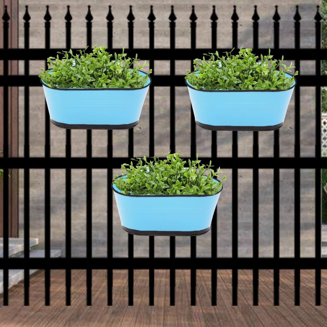 ecofynd 10 inches Raven Railing Planters for Balcony, Hanging Pots for Plants, Wall Hanging Decorative Planters for Vertical Garden, Color - Sky Blue, Pack of 3