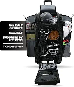 PowerNet Optimus Catcher's Bag, Rolling Equipment Bag Holds All Baseball & Softball Gear, 7 Internal Bat Sleeves, Cleat Compartment, Personalization Panel & Hooks