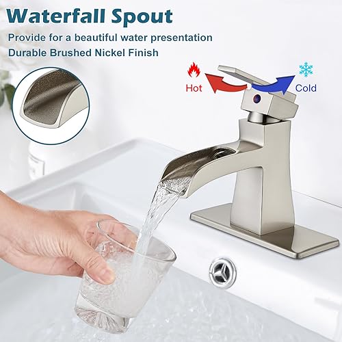Miniatura 8 de Midanya Grifos de baño en cascada para fregadero de 1 agujero o 3 agujeros, níquel cepillado de una sola manija, grifo de baño negro, grifo de baño