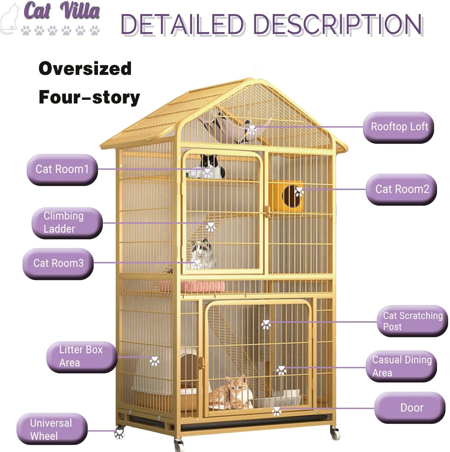 review Oversized Four-Story Cat House Wire Cat Cage Multifunctional Cat Condo with Universal Wheels Cat Villa with Locking Iron Door Cat Scratching Post L33〃*W24〃*H65〃(Yellow)