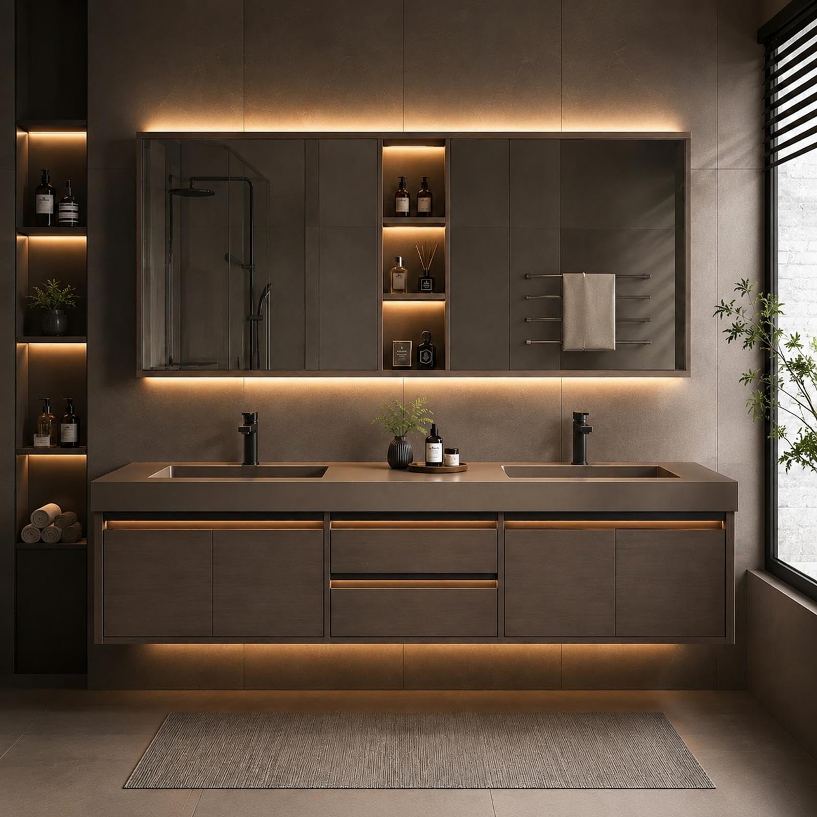Meuble de salle de bain flottant à double évier de 157,5 cm – Design mural moderne avec évier en pierre et miroir LED | Grand espace de rangement | Construction en bois massif pour salles de bains