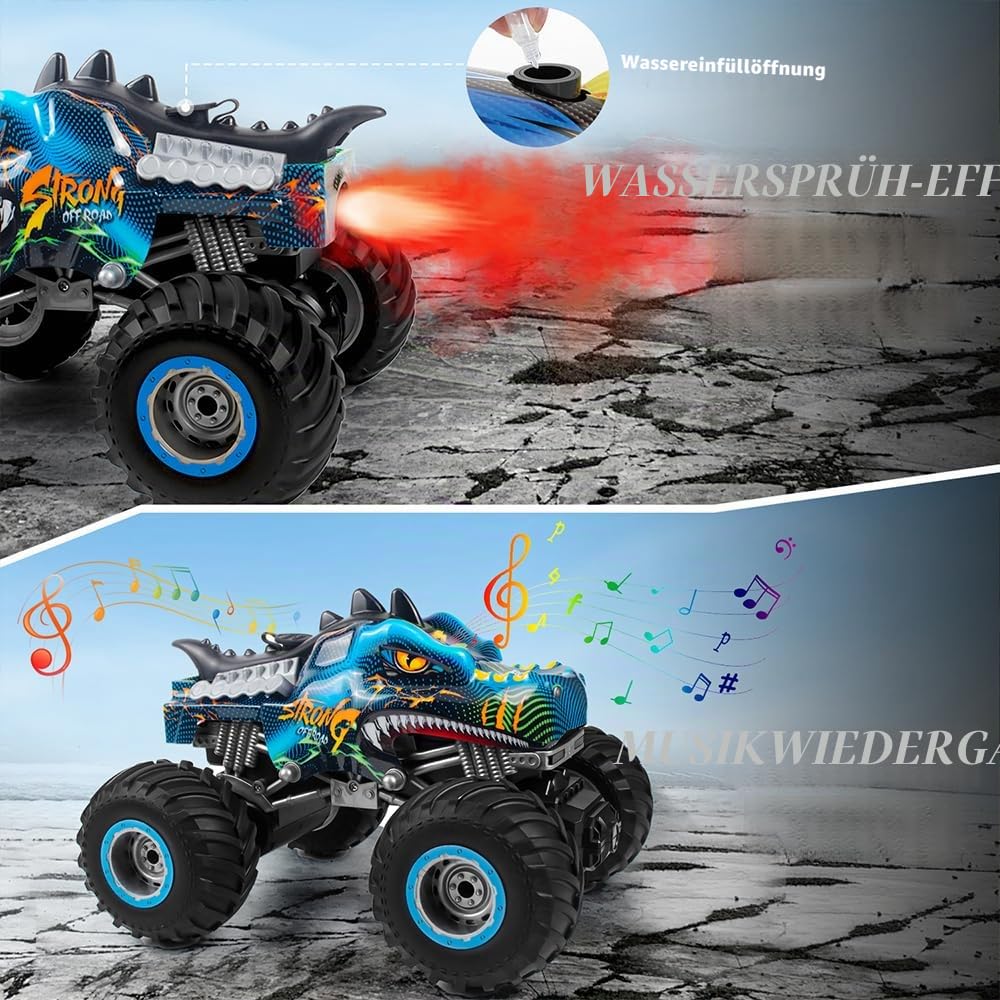 Ferngesteuertes Auto Dinosaurier 1:16 Maßstab RC Monster Truck Fernbedienung Auto mit Sprühnebel-Musik-LED-Leuchten, 2,4 GHz 20 km/h RC Auto Spielzeug für Kinder ab 3 4 5 6 8 10 Jahre