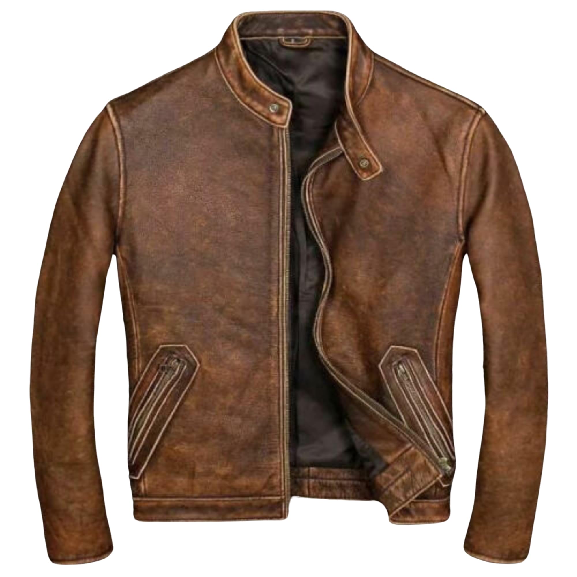 Superior Leather Men's Tan Vintage Cafe Racer Leather Jacket - Biker Style, Durable & Comfort Fit, Distressed Brown