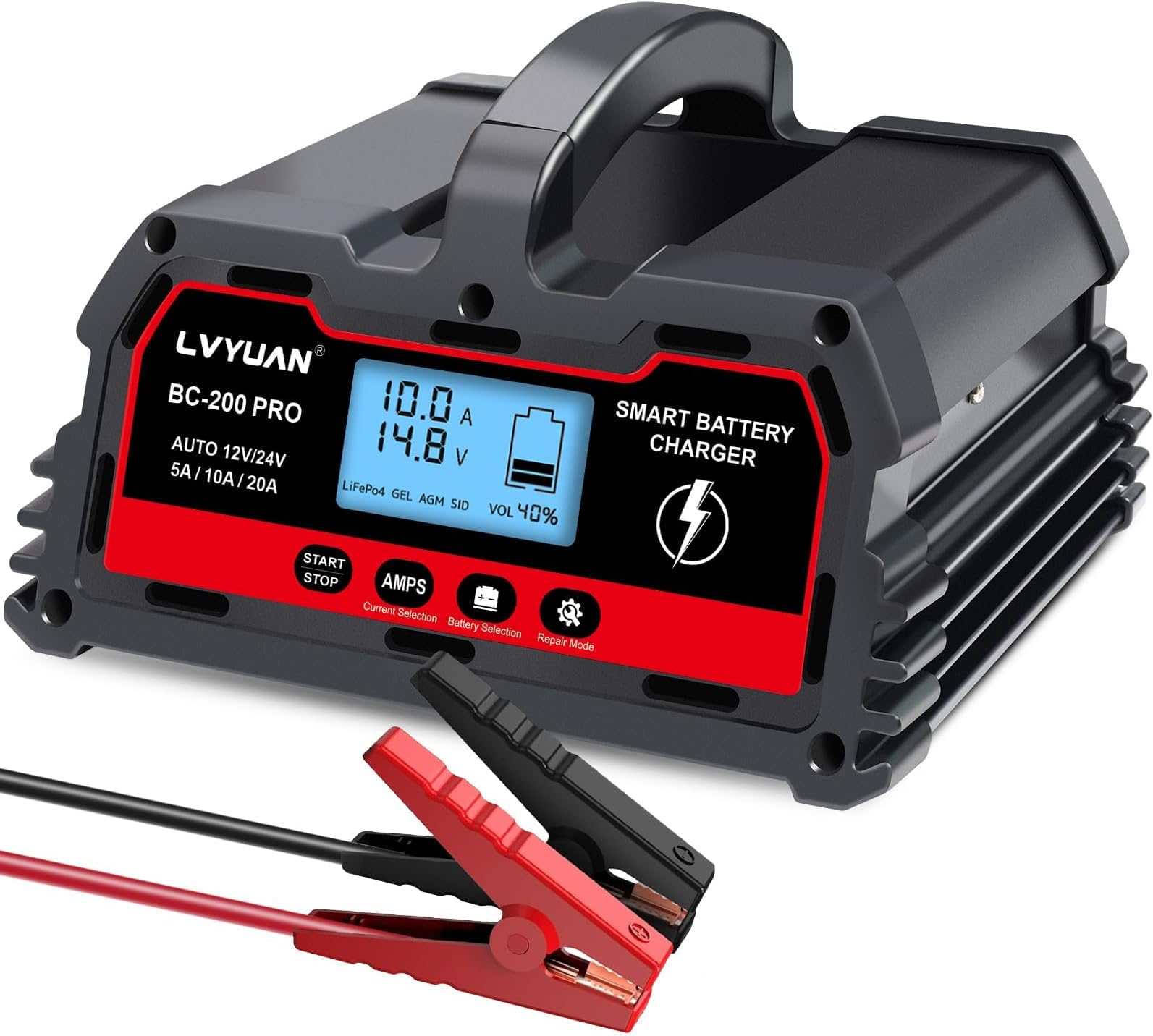 LVYUAN 12V/24V Car Battery Charger with Trickle Charger Automotive Smart Battery Charger, Smart Battery Maintainer, 10A/20A for Car Truck Motorcycle LiFePO4 Lithium and Lead Acid Batteries