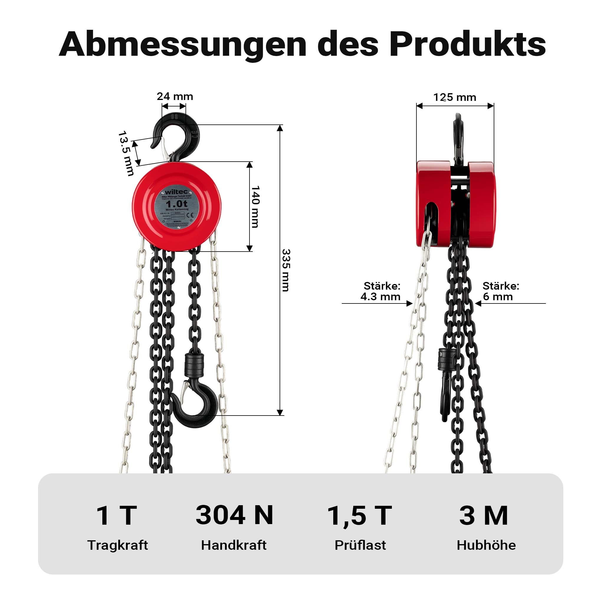 Wiltec Kettenzug mit 1000kg Traglast und 3 m Kettenlänge, einfaches Lastenheben, Flaschenzug, Seilzug, Handkran, Handseilwinde u.a. für Forst und Werkstatt