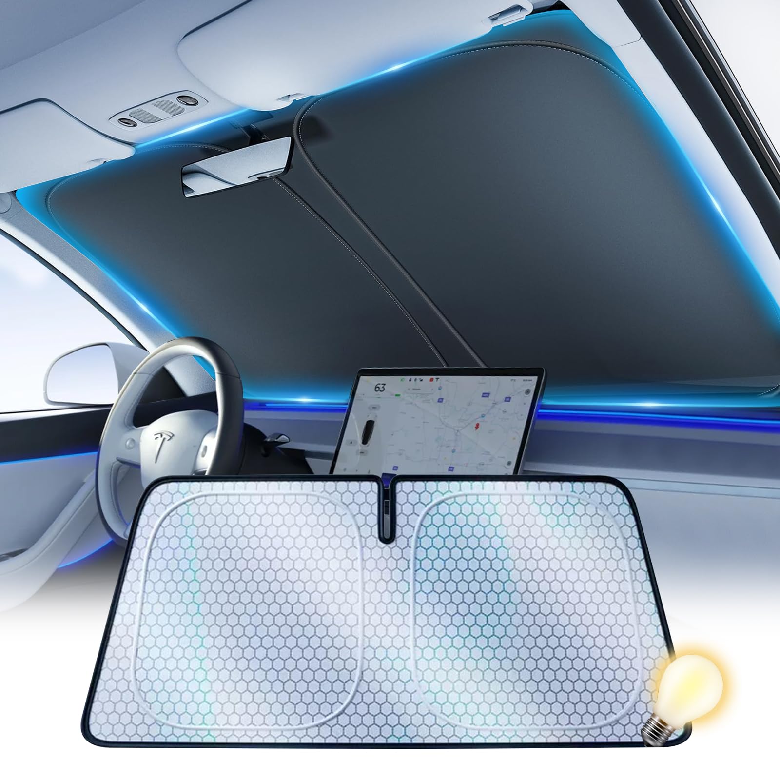 Photo 1 of [2026 Upgraded] FOURDOPLI Graphene Dual-Layer Car Windshield Sun Shade for 2016-2026 Tesla Model Y & Model 3, Foldable car Window Shades with Includes Storage Bag, Block UV Rays Keep Car Cool