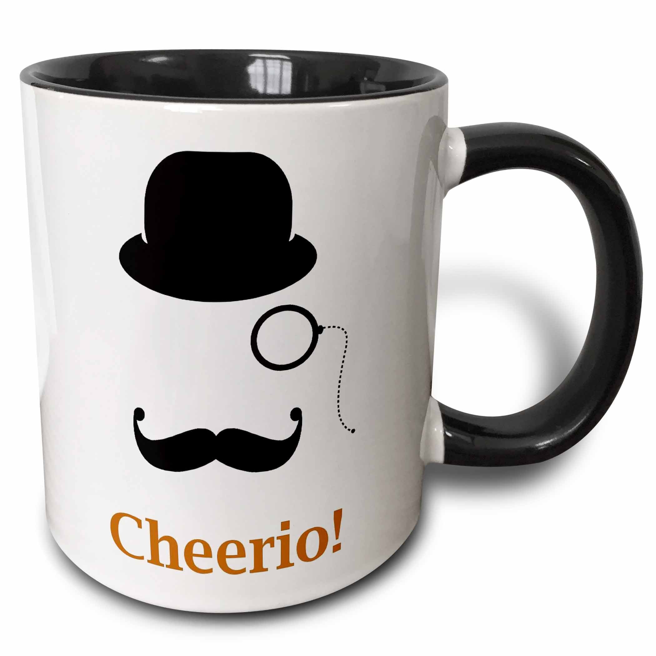 3dRose Top Hat, Monocle, with A Mustache and The Word Cheerio - Two Tone Black Mug, 11oz (Mug_210936_4)