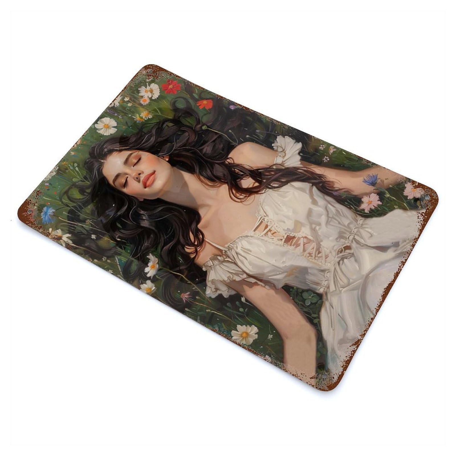 Woman With A Green Field Weathered Tin Sign 11.8"x7.9", Shabby Chic Decor for Garage, Pub Or Kitchen