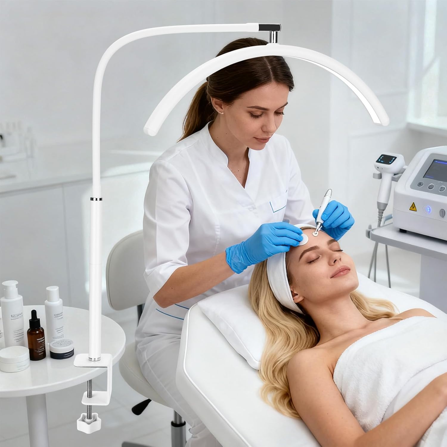 Professional Half Moon LED Desk Light for Nail Techs & Artists – Flexible Gooseneck Lamp with Clamp, 3 Color Modes & 5 Brightness Levels for Manicure, Tattoo, Beauty Work